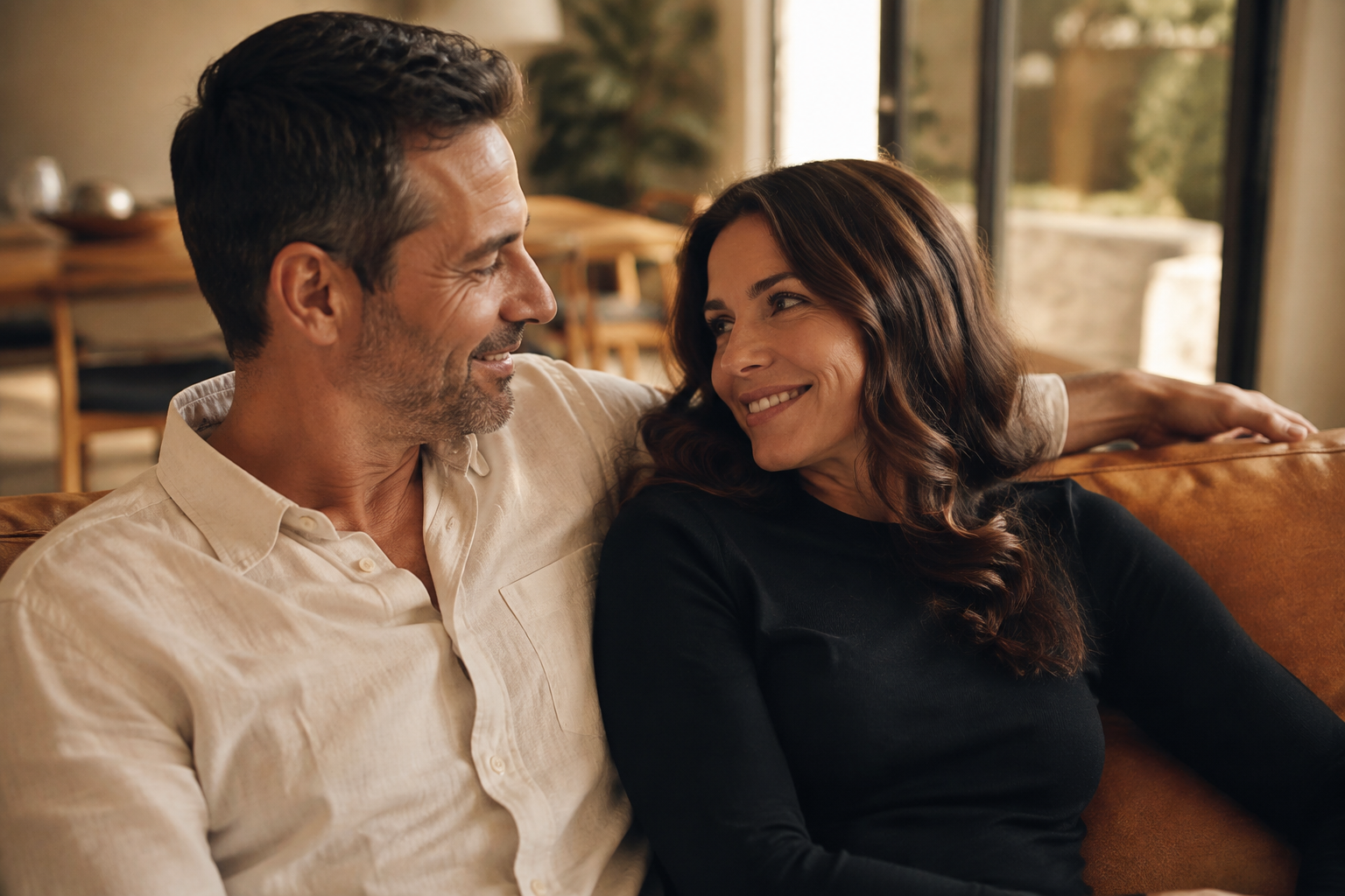 An adult couple sharing a relaxed moment together at home