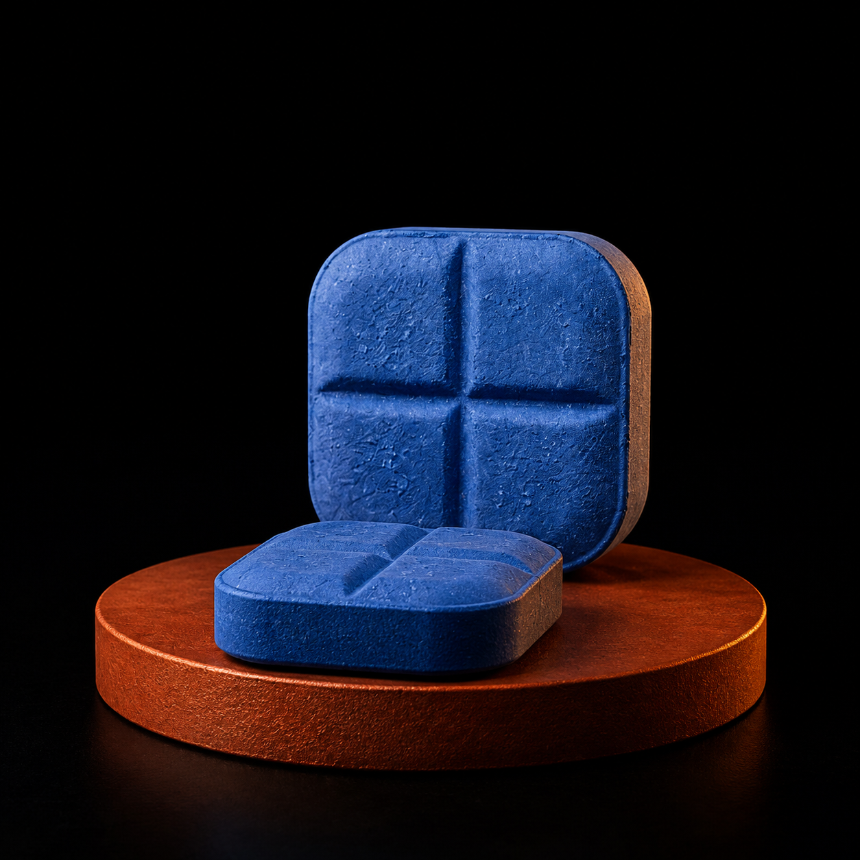 Close-up illustration of blue dissolvable tablets with cross-scoring