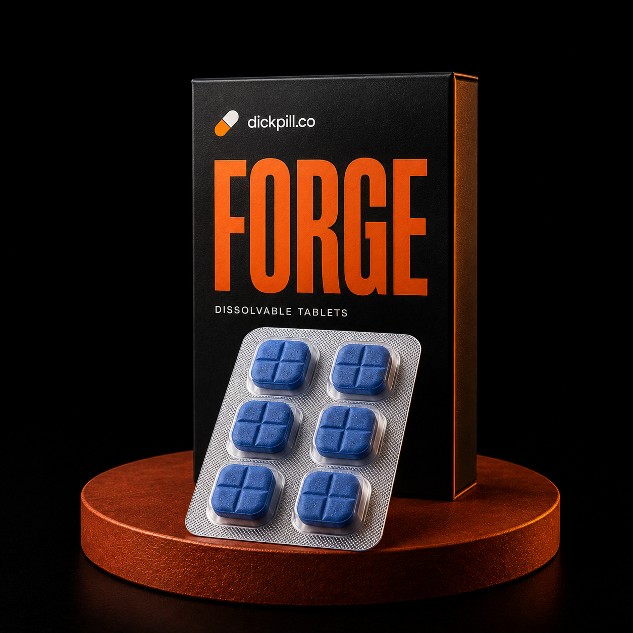 Branded FORGE box with a blister pack of six blue cross-scored dissolvable tablets in front